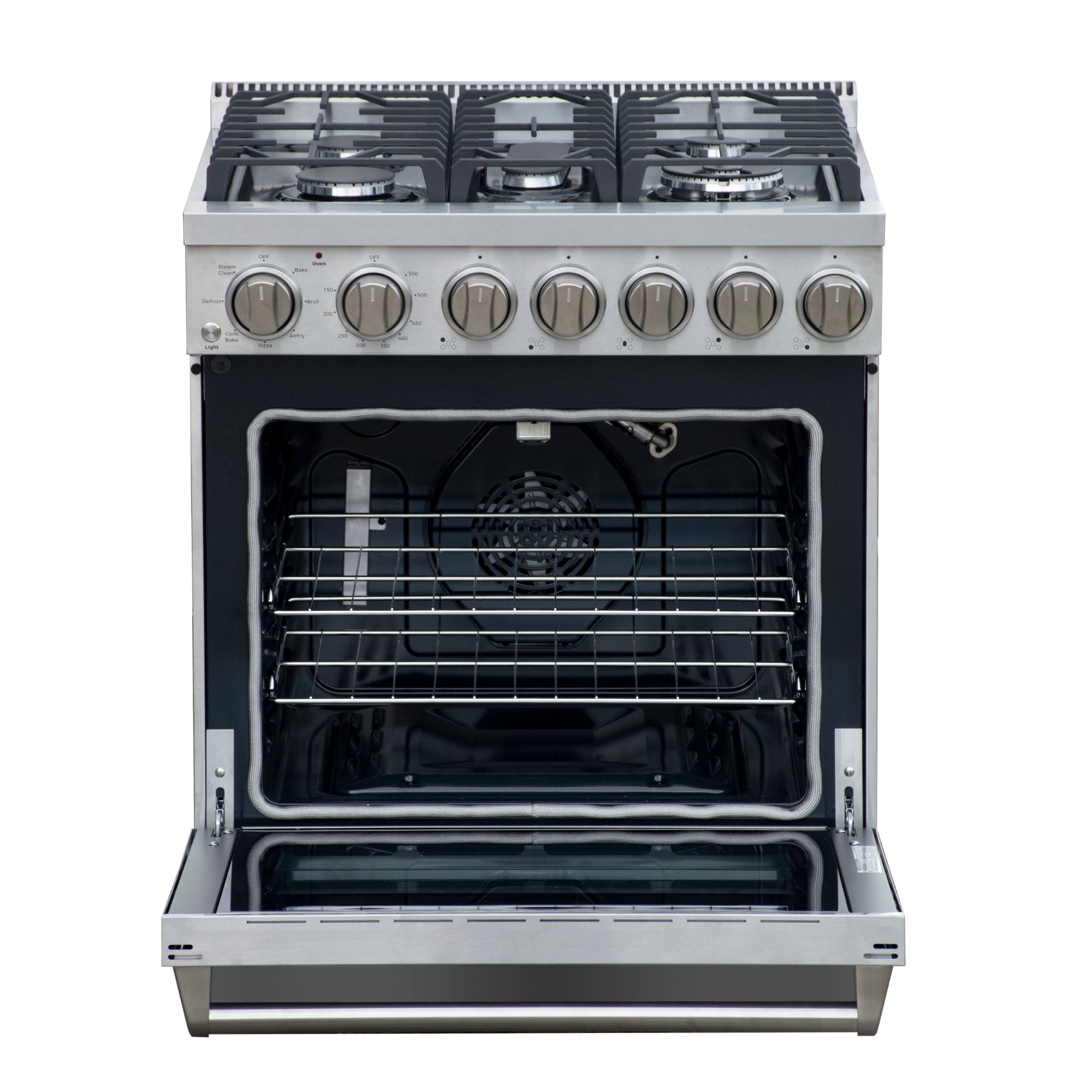 Top angled view of the Kenmore PRO stainless steel front-control range, closed, on a white background