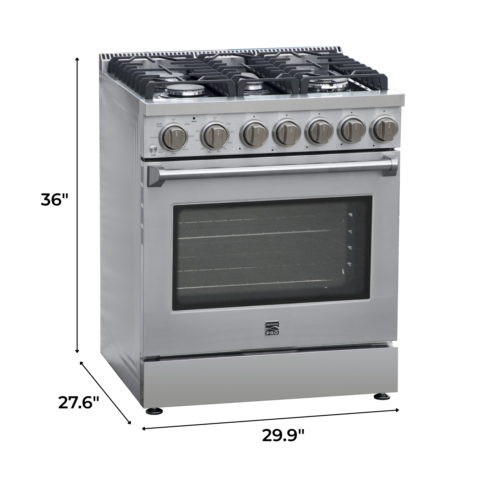 Kenmore PRO stainless steel front-control range, closed, on a white background, with dimensions labeled