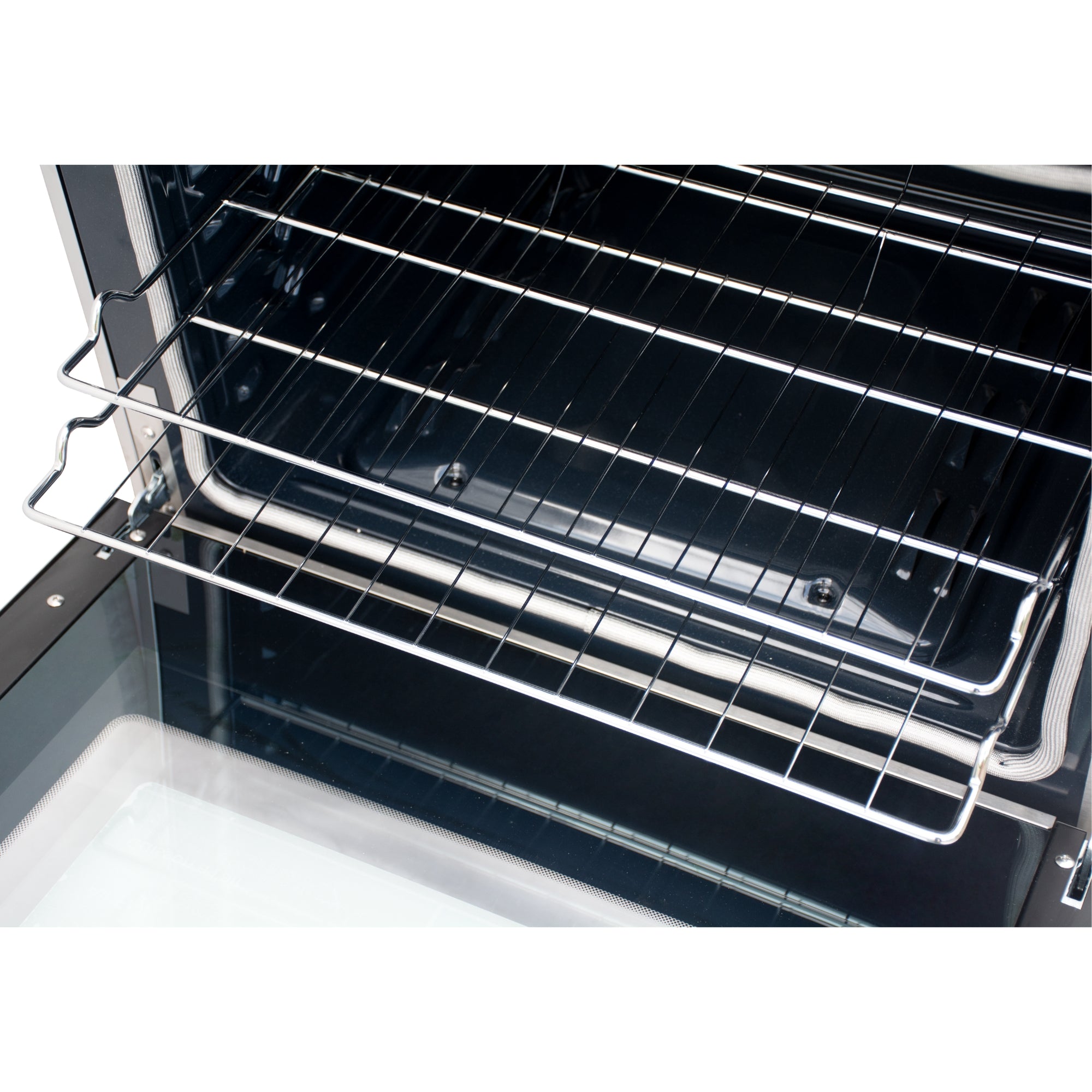 Closeup view of the open Kenmore PRO stainless steel front-control range showing the chrome oven racks partly pulled out