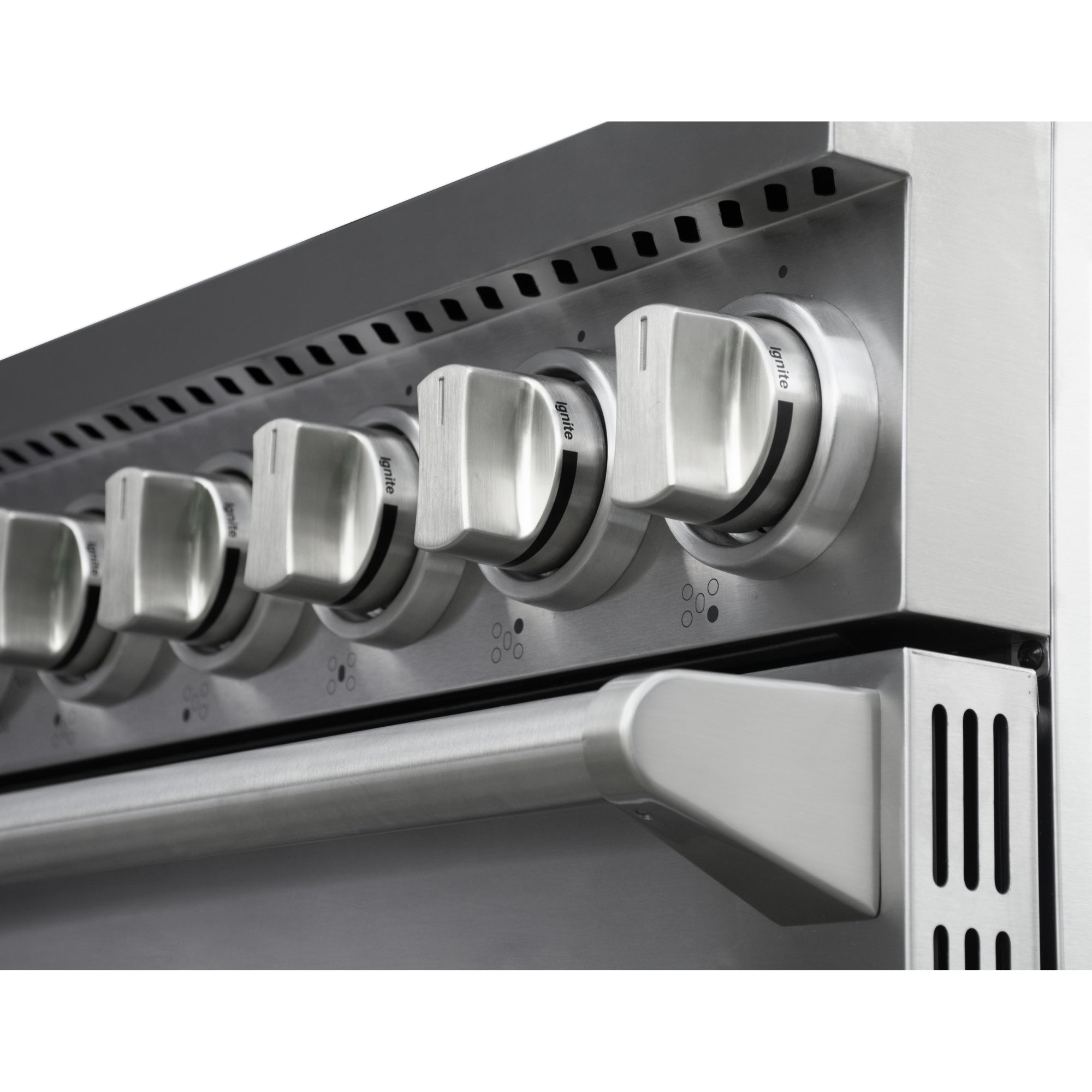Closeup of front of the Kenmore PRO stainless steel front-control range showing the control knobs and oven door handle