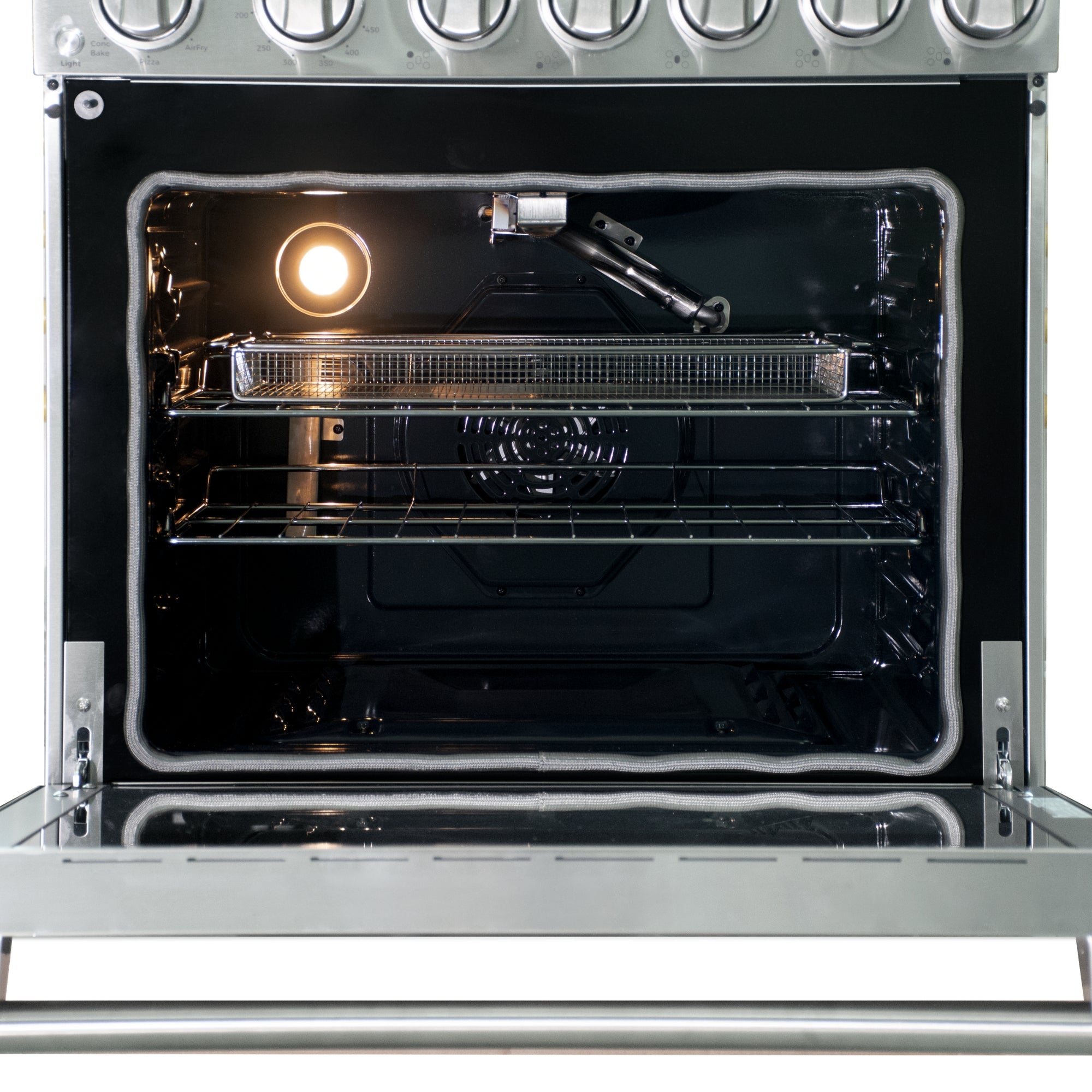 Closeup of the Kenmore PRO stainless steel front-control range, open with air fryer basket and bake/broiler pan inside, on a white background