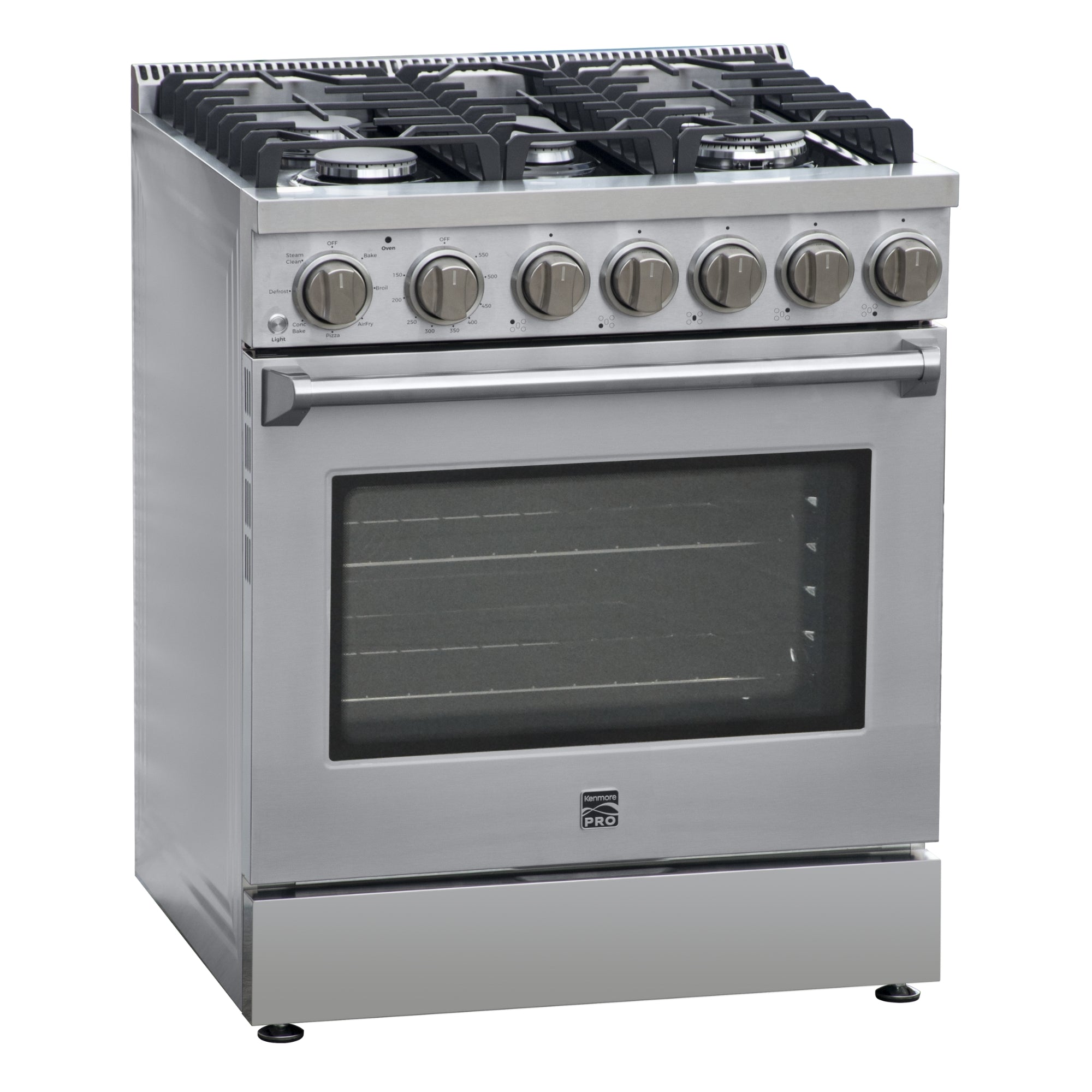 Kenmore PRO stainless steel front-control range, closed, on a white background