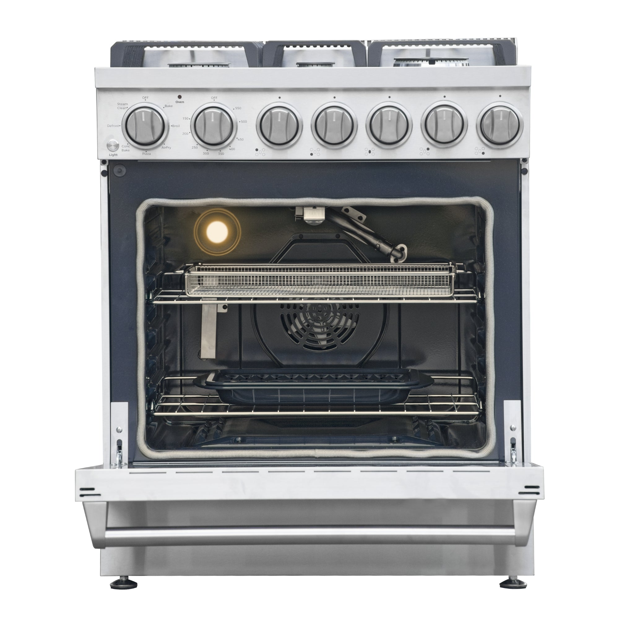 Kenmore PRO stainless steel front-control range, open with air fryer basket and bake/broiler pan inside, on a white background