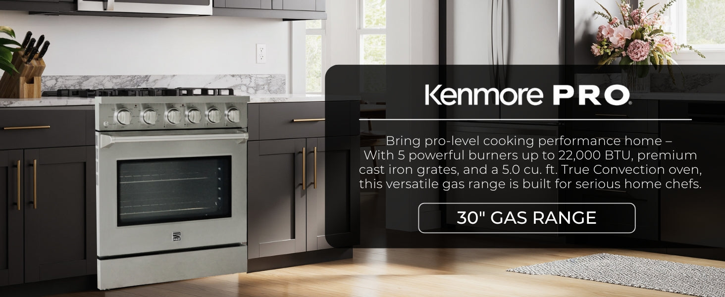 Kenmore PRO stainless steel front-control range installed in a bright, modern residential kitchen. Text overlay reads, "Kenmore PRO: Bring pro-level cooking performance home – With premium stainless steel construction, sleek glass cooktop, and a 5.0 cu. ft. capacity True Convection oven, this versatile electric range is built for serious home chefs. 30" gas range."