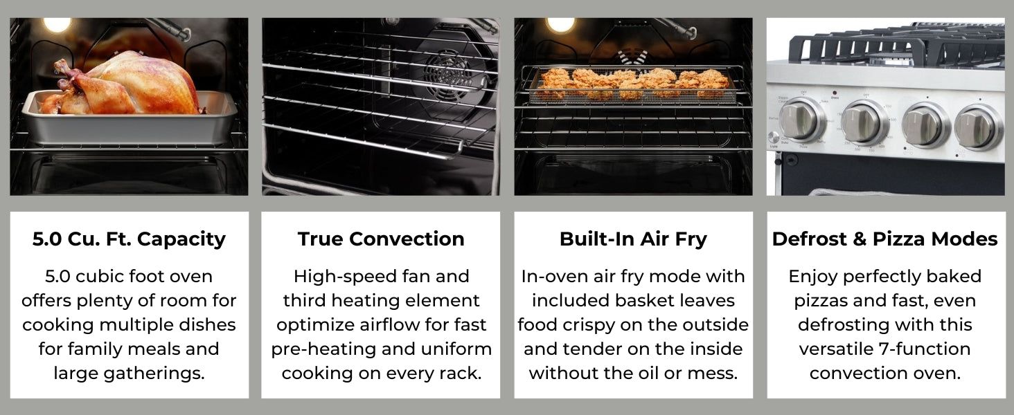 Four images with text describe functions of the Kenmore Pro stainless steel range: 5.0 cu ft capacity; true convection; built-in air fry; defrost and pizza modes.
