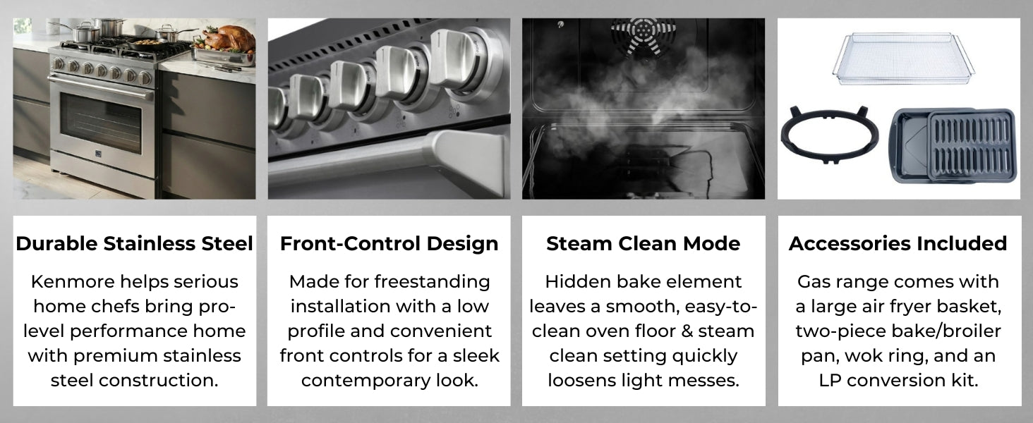Four images with text describe functions of the Kenmore Pro stainless steel range: Durable stainless steel; front-control design; steam clean mode; accessories included. 