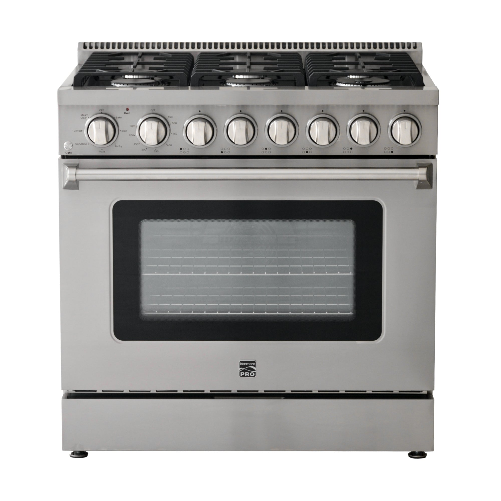 Kenmore PRO stainless steel front-control range, closed, on a white background