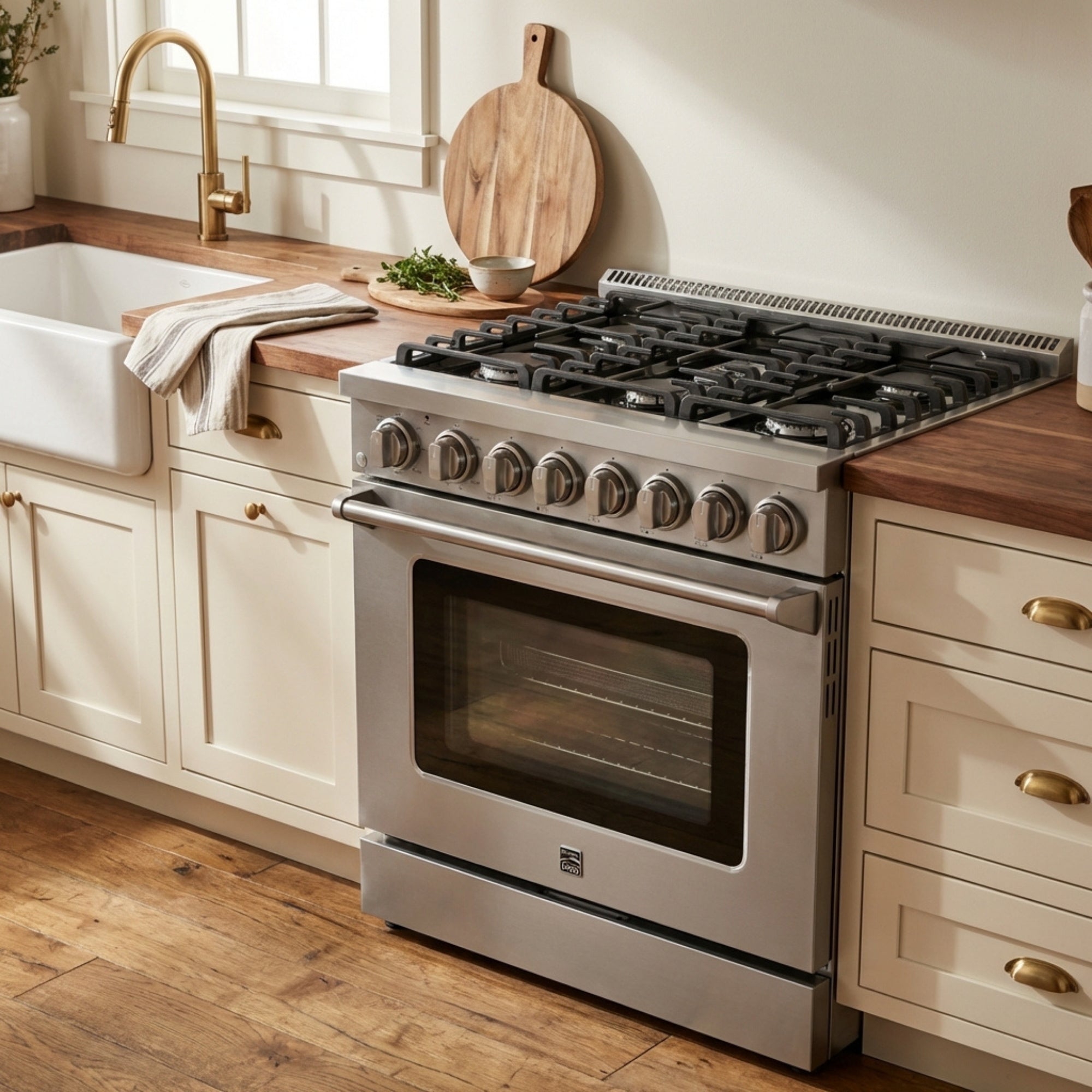 Kenmore PRO stainless steel front-control range installed in a bright, modern residential kitchen