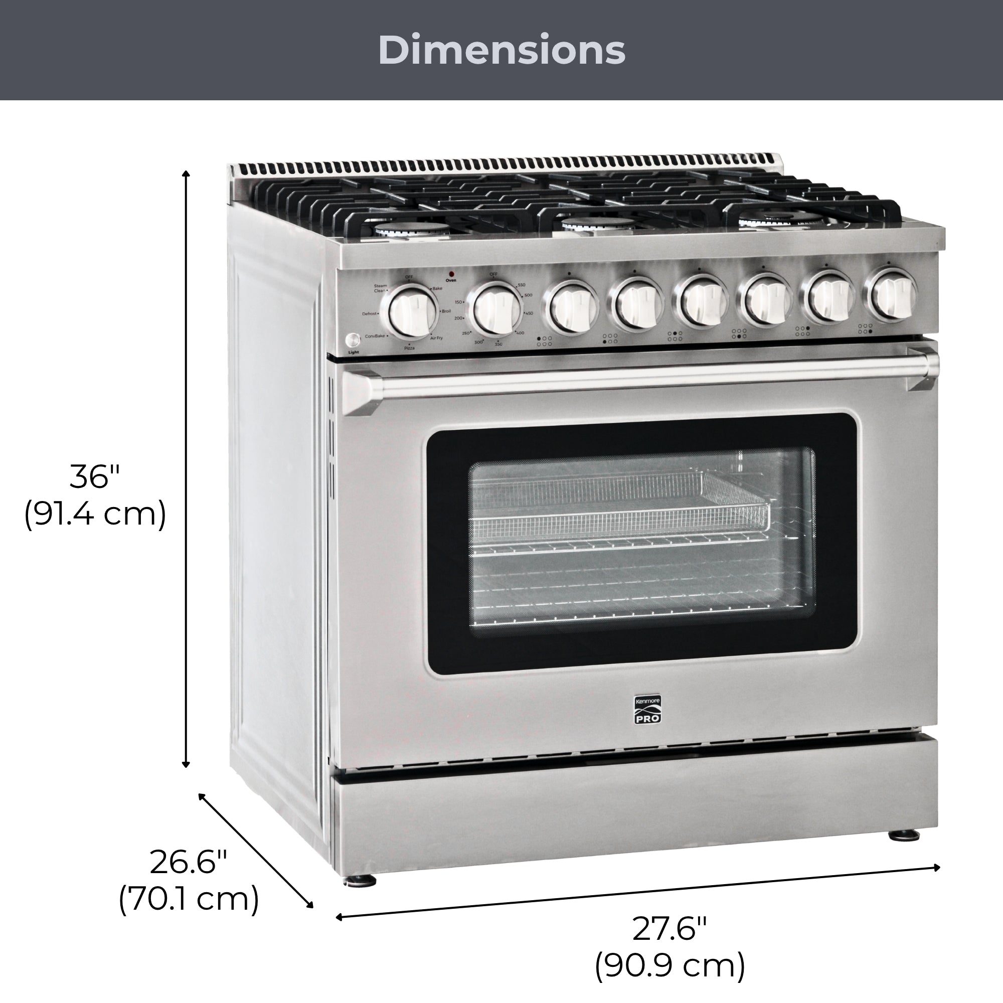 Kenmore PRO stainless steel front-control range, closed, on a white background, with dimensions labeled
