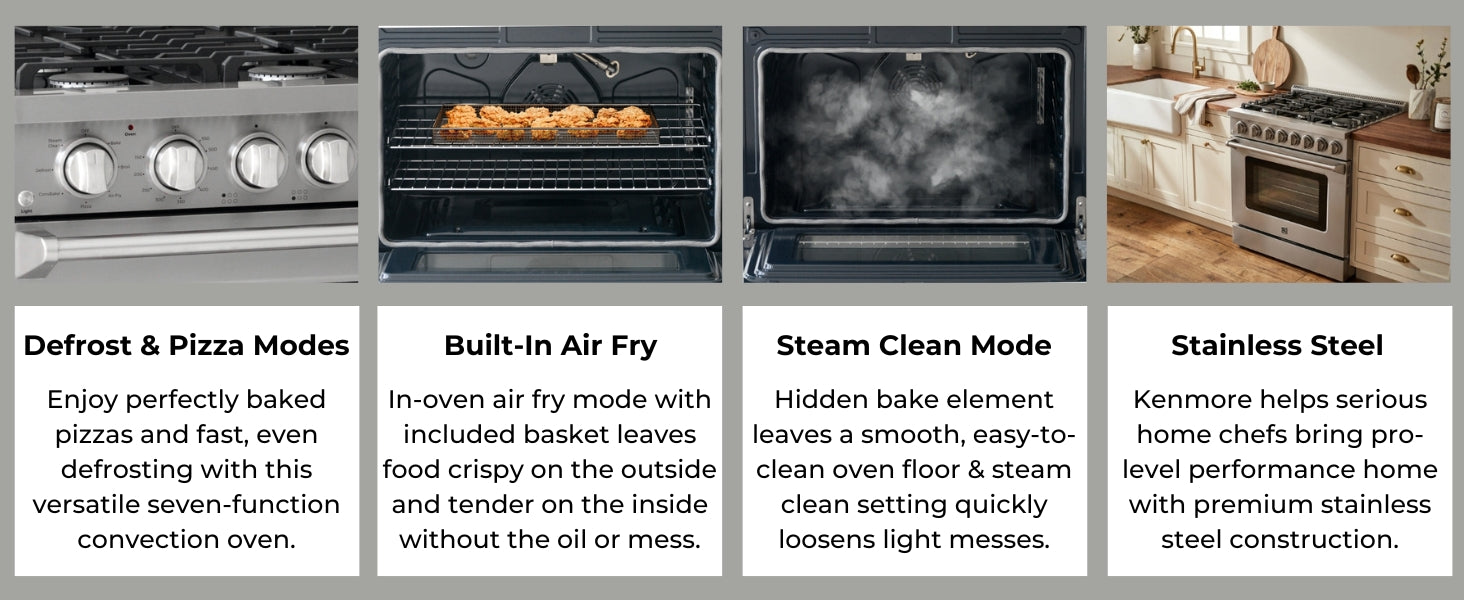 Four images with text below describe features of the Kenmore Pro stainless steel front control range: Defrost and Pizza Modes; Built-In Air Fry; Steam Clean Mode; Stainless Steel