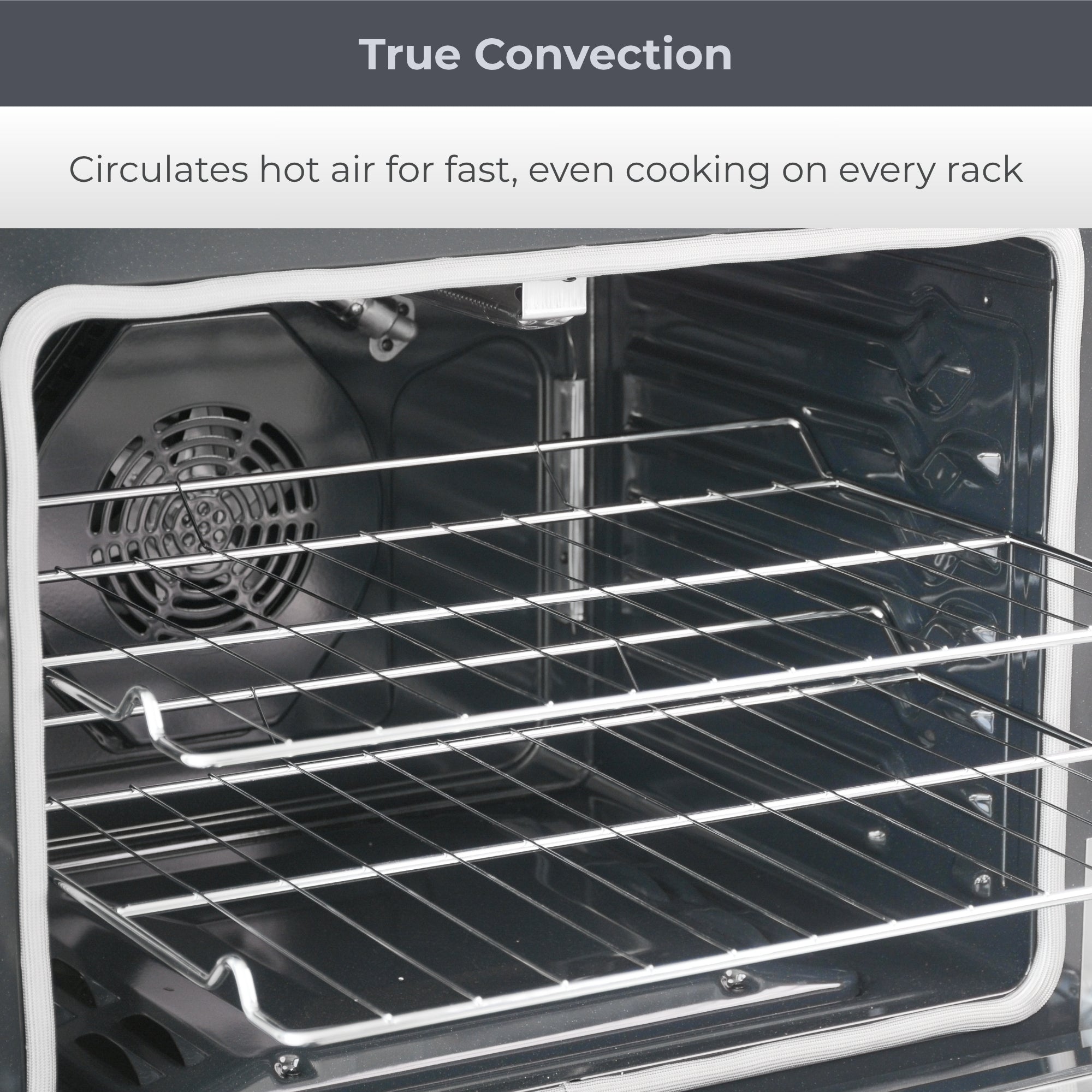 Closeup of oven interior showing grill racks and convection fan. Text above reads, "True Convection: Circulates hot air for fast even cooking on every rack." 