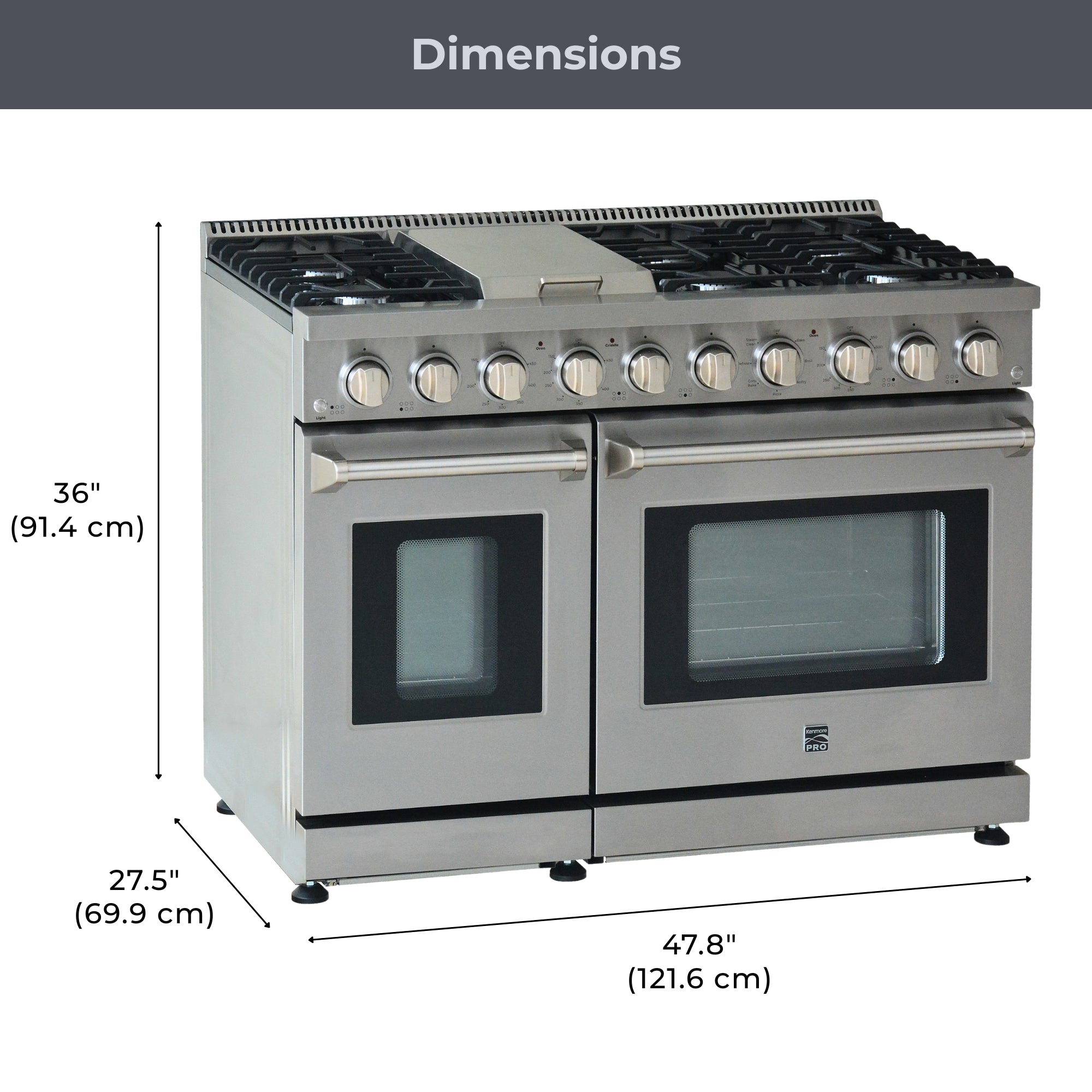 Kenmore PRO stainless steel front-control range, closed, on a white background, with dimensions labeled