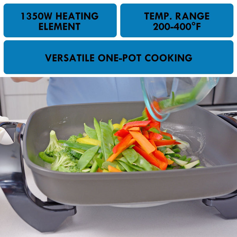 Cut up broccoli, snow peas, and sweet peppers being poured from a glass bowl into the Kenmore non-stick electric skillet by a person wearing a light blue shirt with features listed above: 1350W heating element; temperature range 200-400°F; versatile one-pot cooking