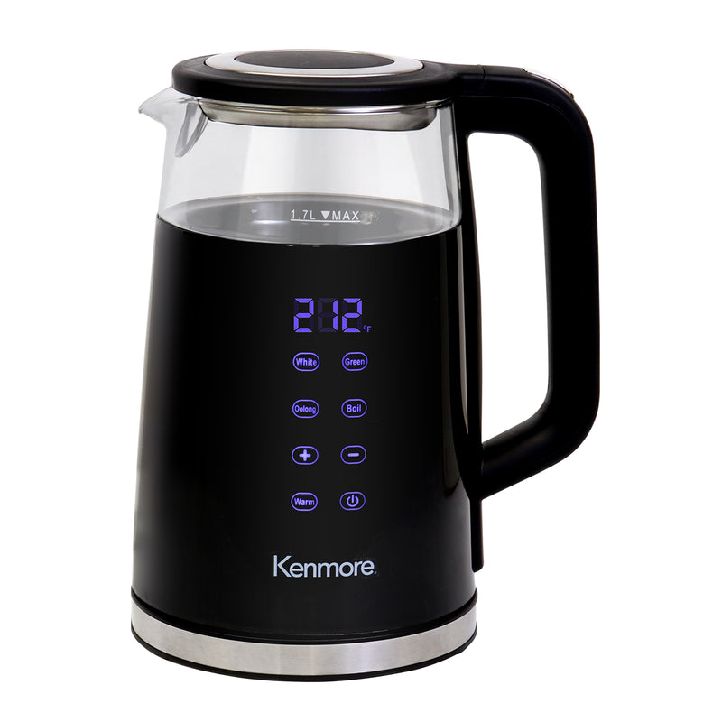 Kenmore 1.7L cordless kettle with adjustable temperature and touch-activated controls on a white background