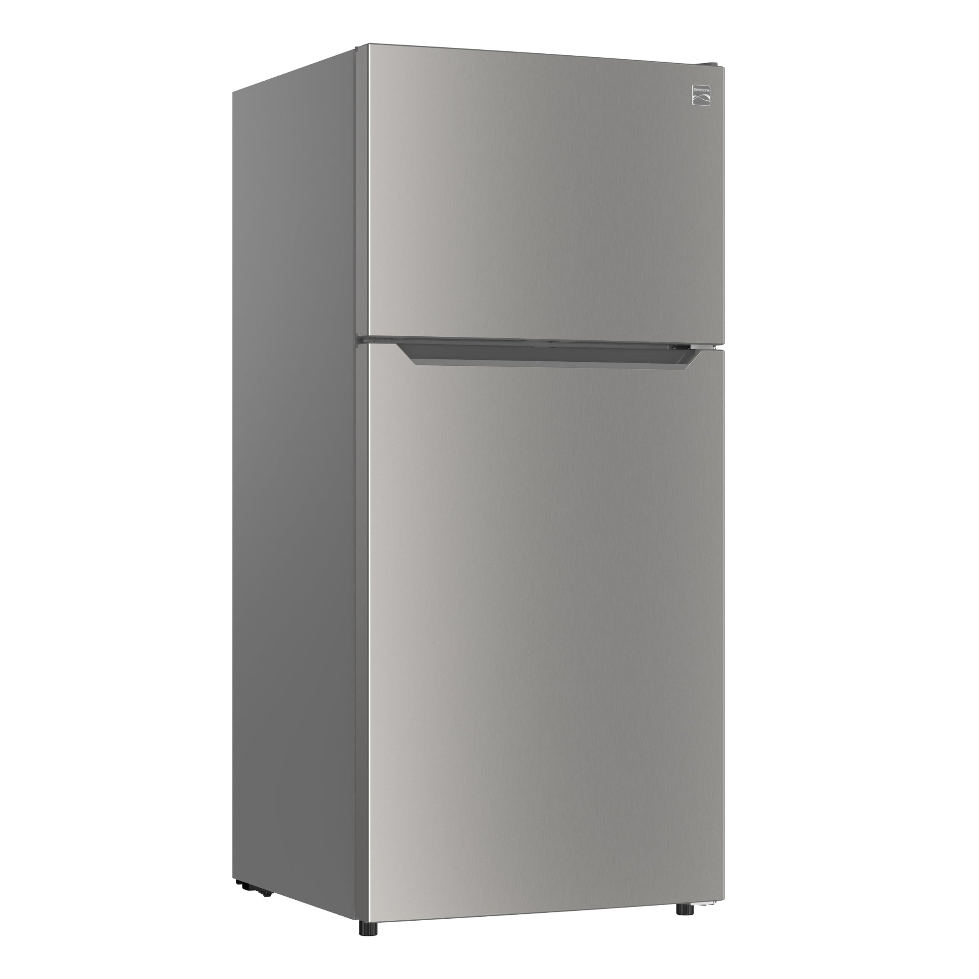 Kenmore 18.1 cu ft metallic steel top mount refrigerator, closed, on a white background