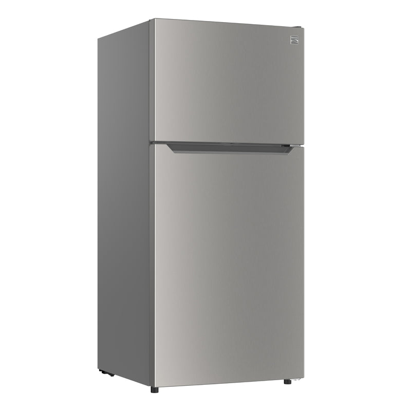 Kenmore 18.1 cu ft metallic steel top mount refrigerator, closed, on a white background