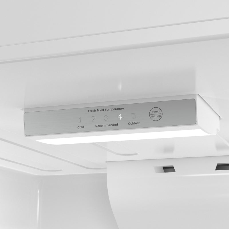 Closeup of inside the Kenmore metallic steel top mount refrigerator showing the electronic control panel