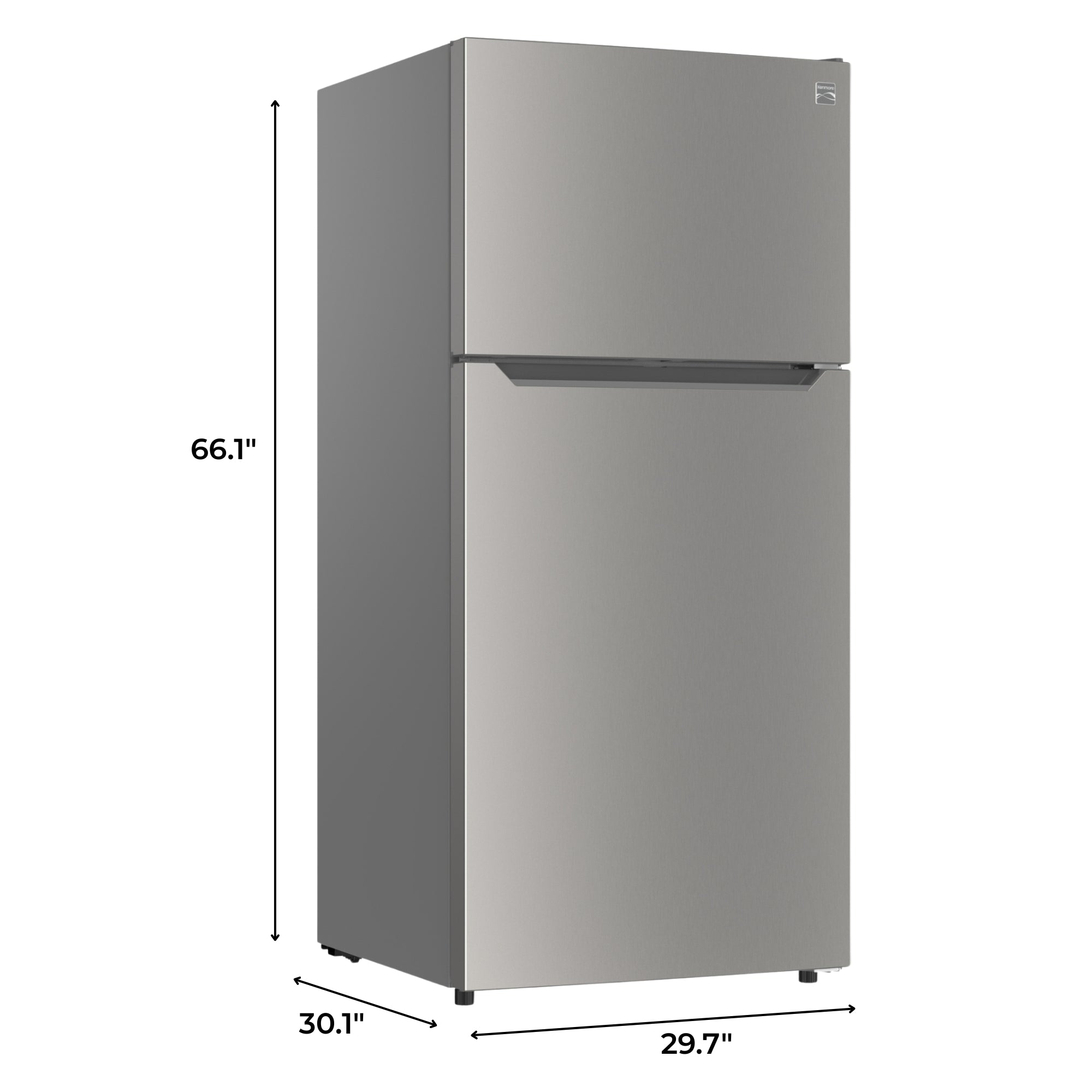 Kenmore 18.1 cu ft metallic steel top mount refrigerator closed with dimensions labeled