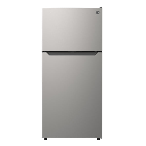 Kenmore 18.1 cu ft metallic steel top mount refrigerator, closed, on a white background