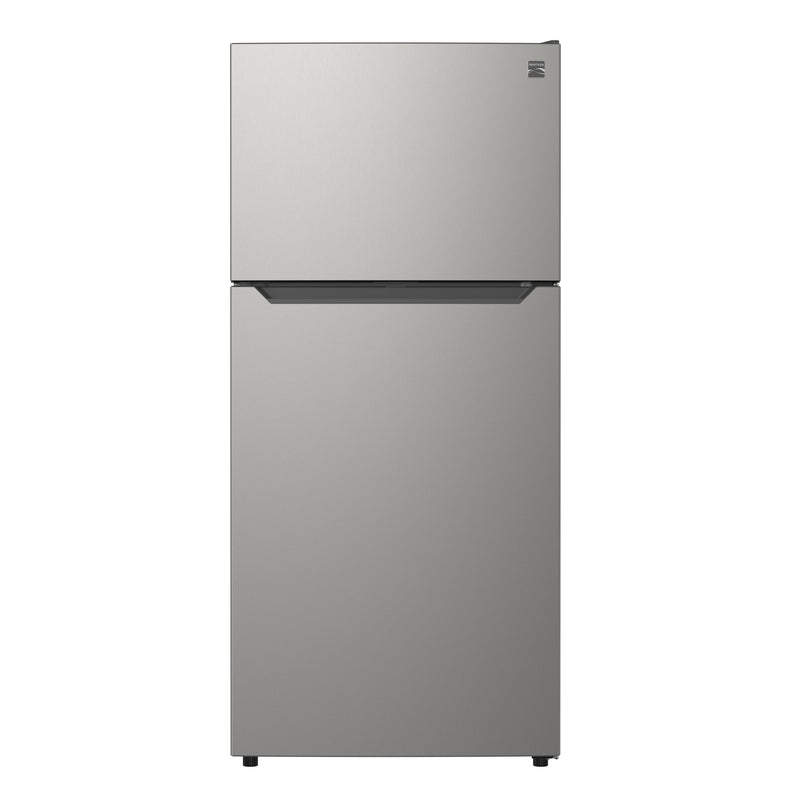 Kenmore 18.1 cu ft metallic steel top mount refrigerator, closed, on a white background