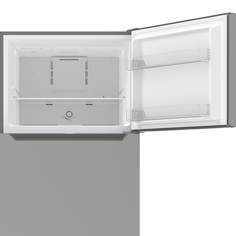 Closeup of the Kenmore metallic steel top mount refrigerator with the freezer open showing the adjustable shelf and door bins