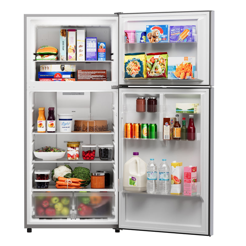 Kenmore 18.1 cu ft metallic steel top mount refrigerator, open and filled with food, on a white background