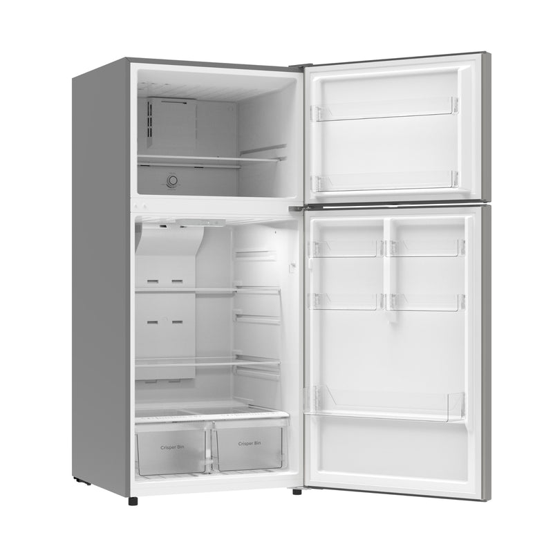 Kenmore 18.1 cu ft metallic steel top mount refrigerator, open, on a white background