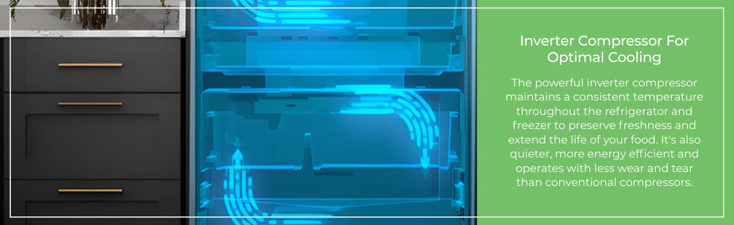 Closeup of inside the refrigerator with blue arrows showing air flow overlaid and text to the right reading, "Inverter Compressor For Optimal Cooling: The powerful inverter compressor maintains a consistent temperature throughout the refrigerator and freezer to preserve freshness and extend the life of your food. It's also quieter, more energy efficient and operates with less wear and tear than conventional compressors."