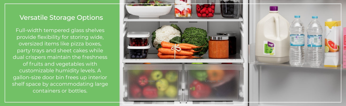 Closeup view of inside the Kenmore metallic steel top mount refrigerator with text to the left reading, "Versatile Storage Options: Full-width tempered glass shelves provide flexibility for storing wide, oversized items like pizza boxes, party trays and sheet cakes while dual crispers maintain the freshness of fruits and vegetables with customizable humidity levels. A gallon-size door bin frees up interior shelf space by accommodating large containers or bottles."