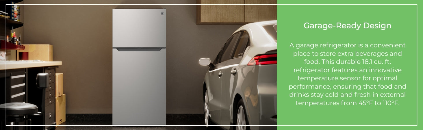 Refrigerator in a garage with text to the right reading, "Garage-Ready Design: A garage refrigerator is a convenient place to store extra beverages and food. This durable 18.1 cu. ft. refrigerator features an innovative temperature sensor for optimal performance, ensuring that food and drinks stay cold and fresh in external temperatures from 45°F to 110°F."