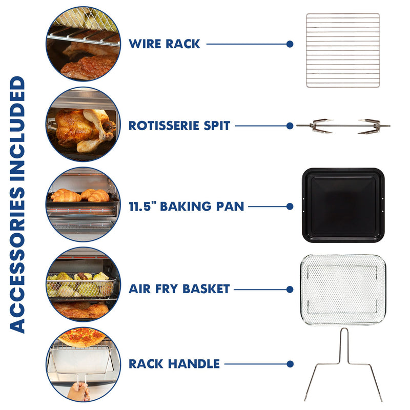 Pictures of included accessories, labeled, on a white background, with inside closeup images of them in use: Wire rack; rotisserie spit; 11.5" baking pan; air fry basket; rack handle