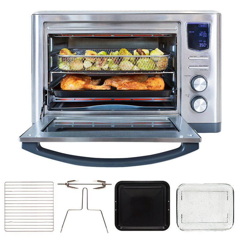 Kenmore 25 qt Digital Toaster Oven Air Fryer Rotisserie, open with air fryer basket filled with roasted vegetables and bake pan with chicken pieces inside, on a white background with pictures of accessories (wire rack, dehydrator basket, baking pan, and rotisserie spit and handle) below