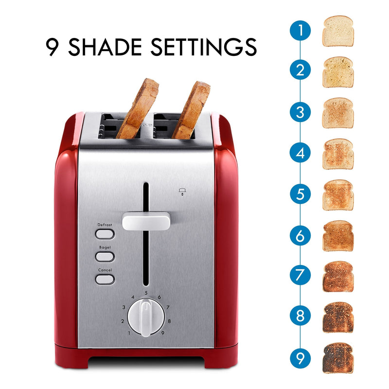 Kenmore 2-slice stainless steel toaster with two pieces of toast on the left with toast slices numbered 1-9 arranged vertically from lightest to darkest on the right. Text above reads, "9 shade settings"