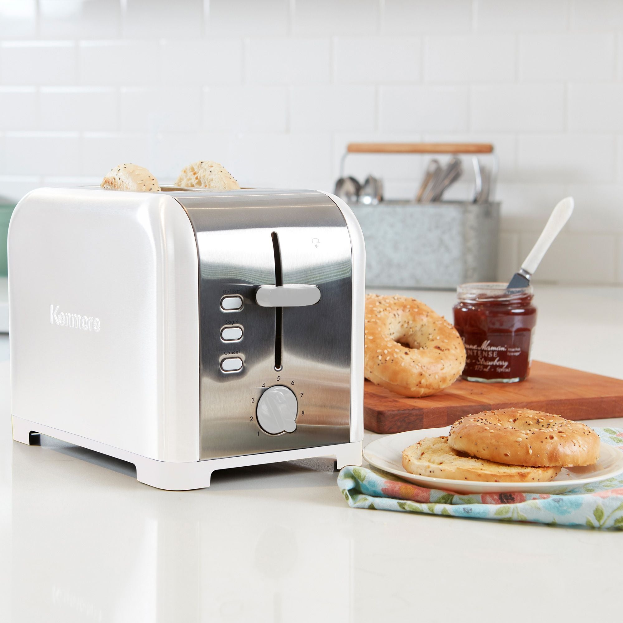 Kenmore 2-Slice Toaster, White Stainless Steel, Extra Wide Slots, Bagel and Defrost Functions, Browning Levels, Removable Crumb Tray, for Bread,