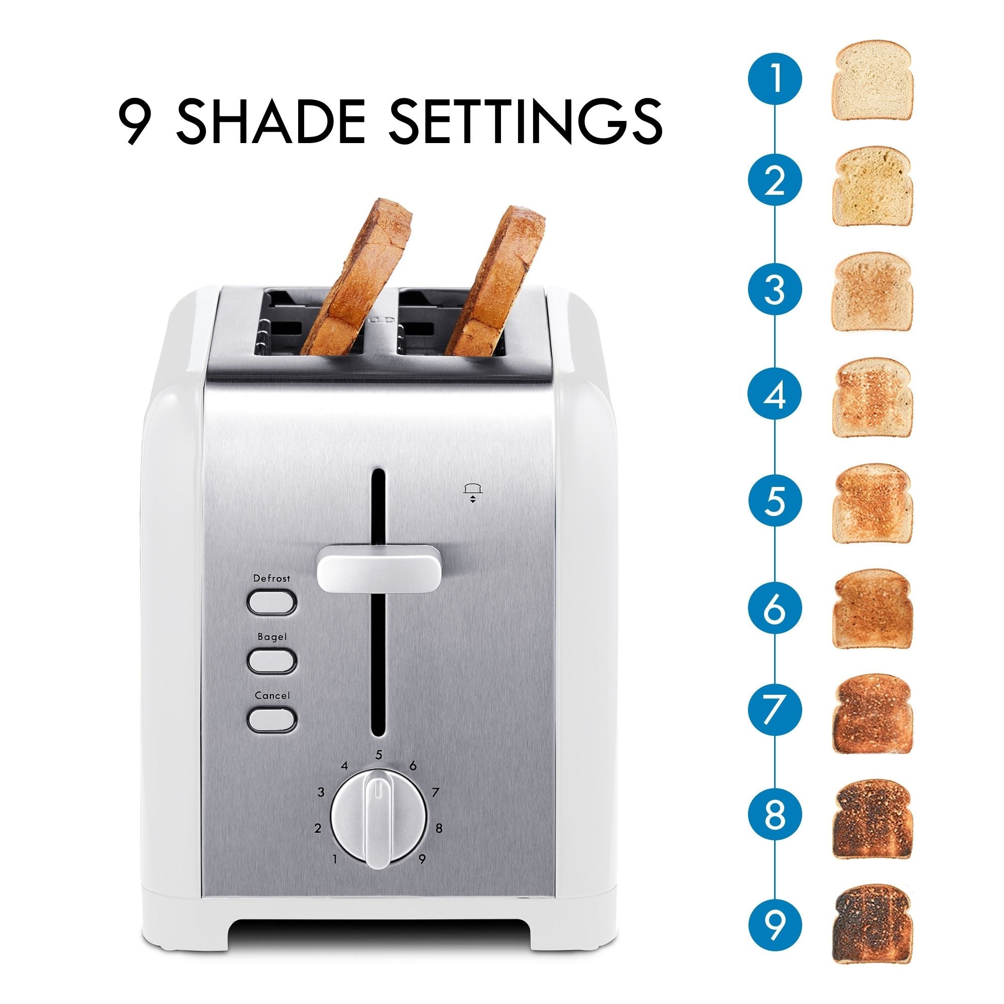 Kenmore 2-slice stainless steel toaster with two pieces of toast on the left with toast slices numbered 1-9 arranged vertically from lightest to darkest on the right. Text above reads, "9 shade settings"