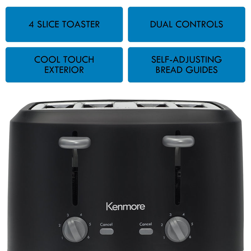 Kenmore 4-slice matte black toaster on a white background on the left with a list of features above: 4 slice toaster; dual controls; cool touch exterior; self-adjusting bread guides