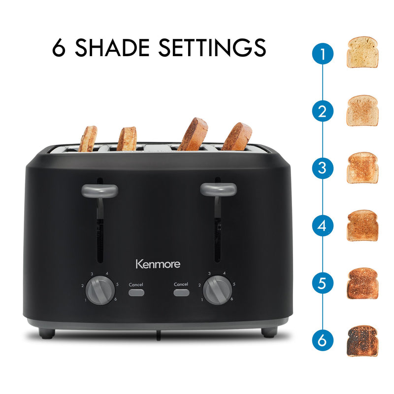 Kenmore 4-slice matte black toaster on a white background on the left with toast slices numbered 1-6 arranged vertically from lightest to darkest. Text above reads, "6 shade settings"