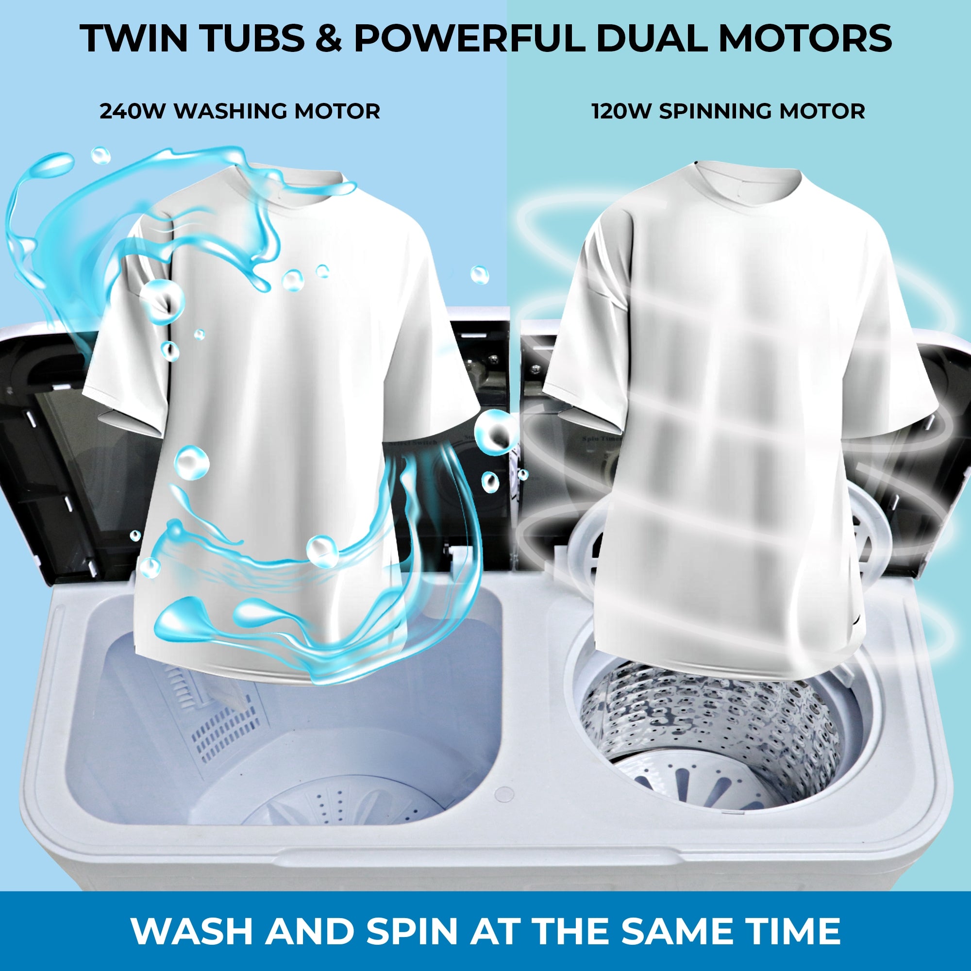 Top view of the Kenmore portable twin tub washer showing the open wash and spin tubs with overlaid images of white t-shirts. Text above reads, "Twin tubs and powerful dual motors: 240W washing motor; 120W spinning motor," and text below reads, "Wash and spin at the same time."