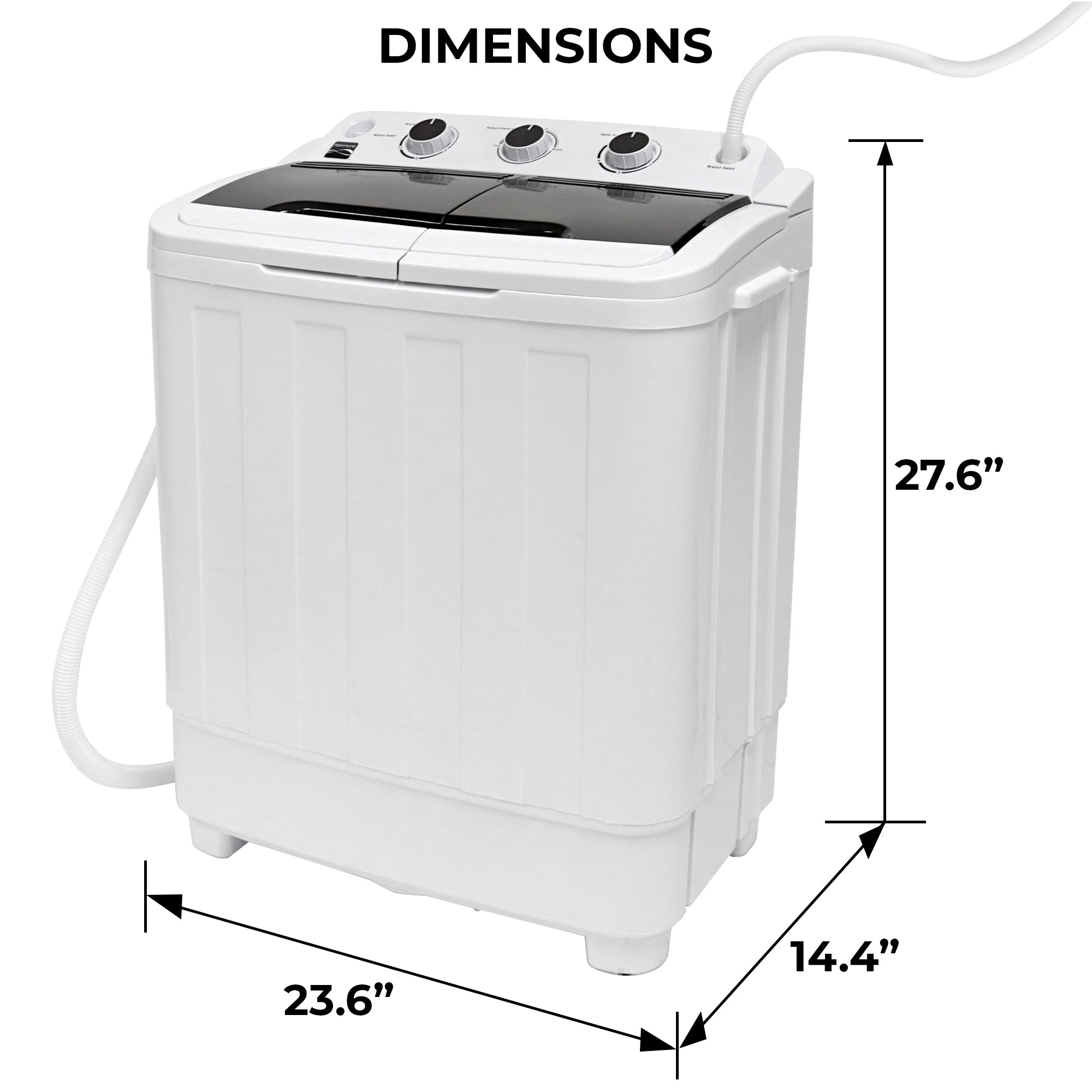 Kenmore portable apartment washing machine on a white background with dimensions labeled.