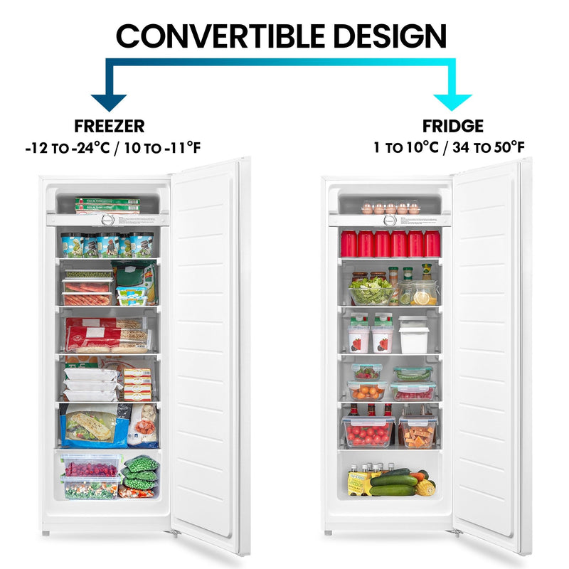 Two pictures show the Kenmore upright convertible open and filled with food items being used as a freezer and a refrigerator. Text above reads, "Convertible design: Freezer -12°C to -24°C; Fridge 1°C to 10°C," and text below reads, "Adapts to your unique storage needs."