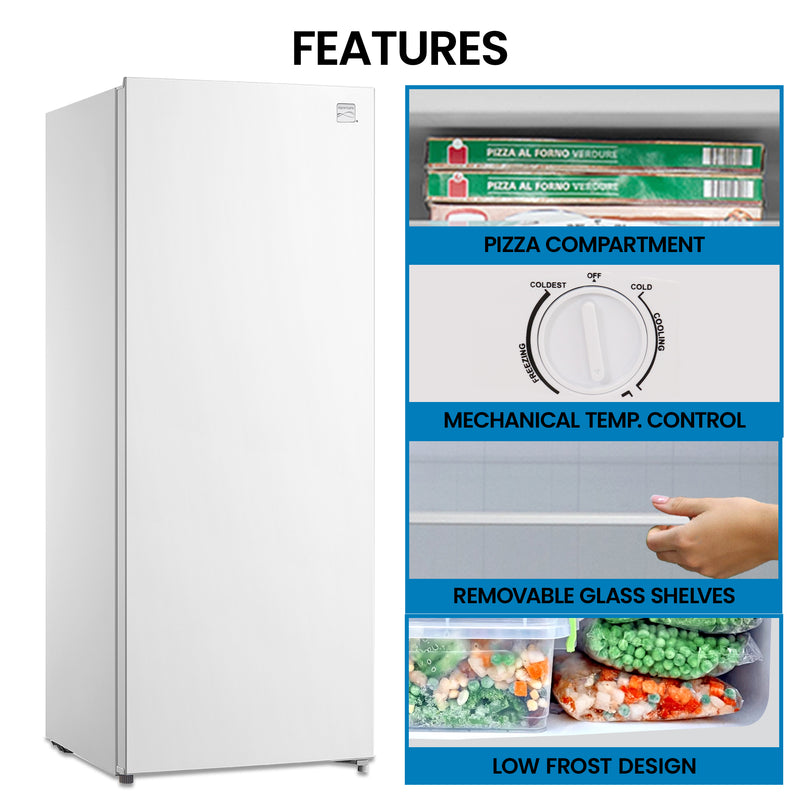 Kenmore upright convertible fridge freezer on a white background with closeup images of features, labeled, to the right: Pizza compartment; mechanical temperature control; removable glass shelves; low-frost design
