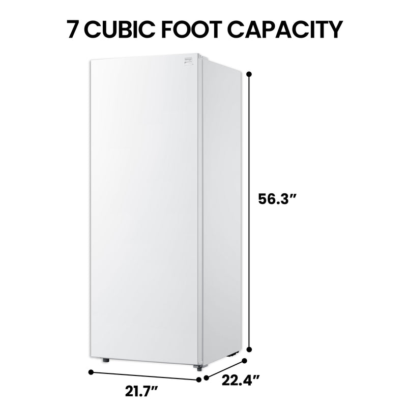 Kenmore upright convertible freezer on a white background with dimensions labeled and text above reading, "7 cu ft capacity"