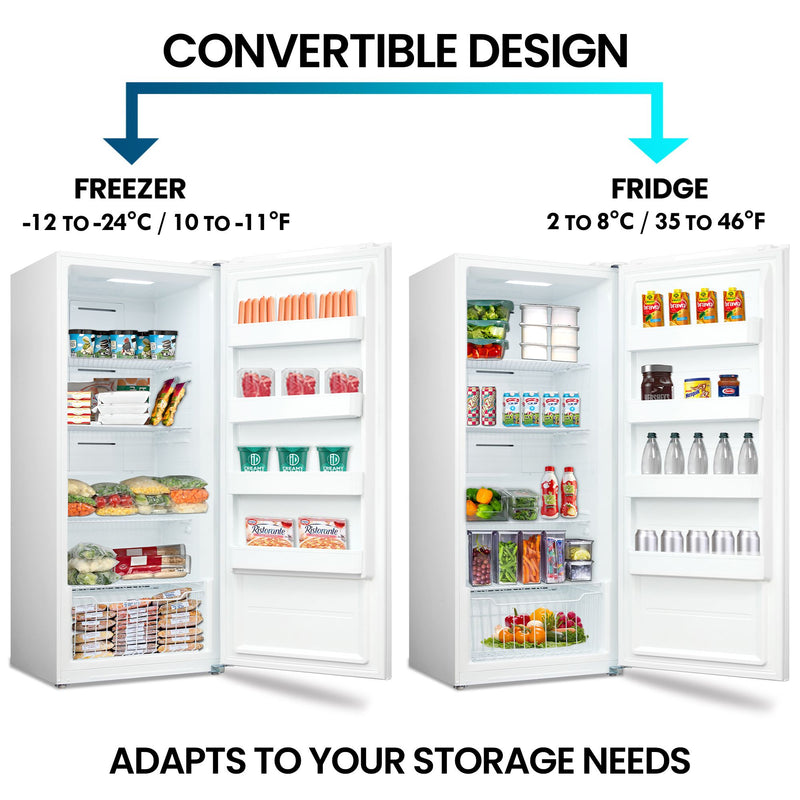 Two pictures show the Kenmore upright convertible open and filled with food items being used as a freezer and a refrigerator. Text above reads, "Convertible design: Freezer -12°C to -24°C; Fridge 2°C to 8°C," and text below reads, "Adapts to your unique storage needs."