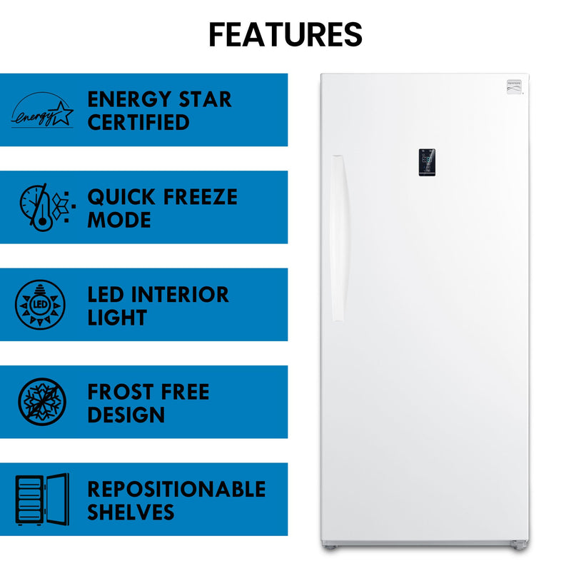 Kenmore upright convertible fridge freezer on a white background with features listed to the left: Energy Star certified; quick freeze mode; LED interior light; frost free; repositionable shelves