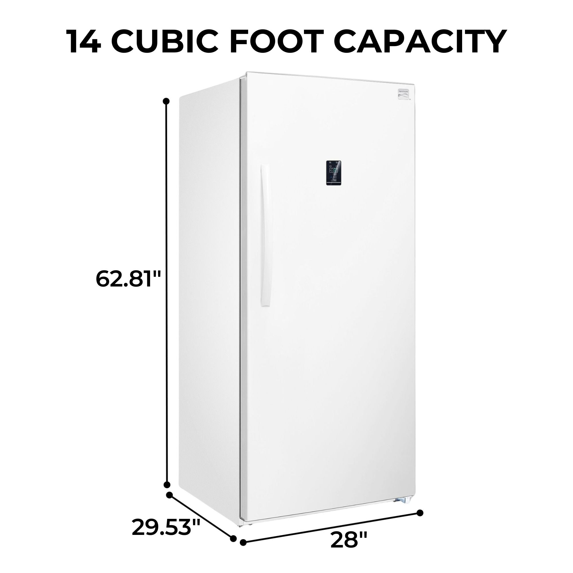 Kenmore upright convertible freezer on a white background with dimensions labeled and text above reading, "14 cubic foot capacity"