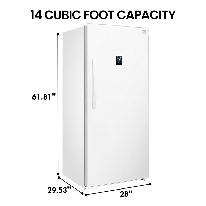 Kenmore upright convertible freezer on a white background with dimensions labeled and text above reading, "14 cu ft capacity"