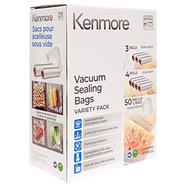 One small bag roll, one large bag roll, and a pile of precut bags from the Kenmore vacuum sealing bag variety pack on a white background