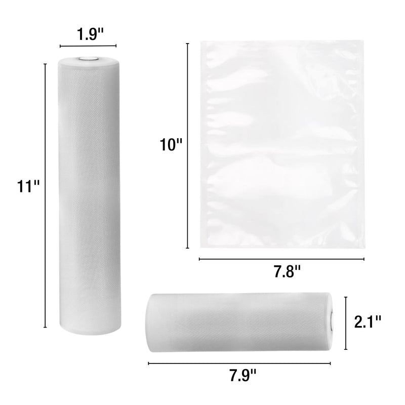 Kenmore vacuum sealing bag variety pack on a white background with dimensions labeled