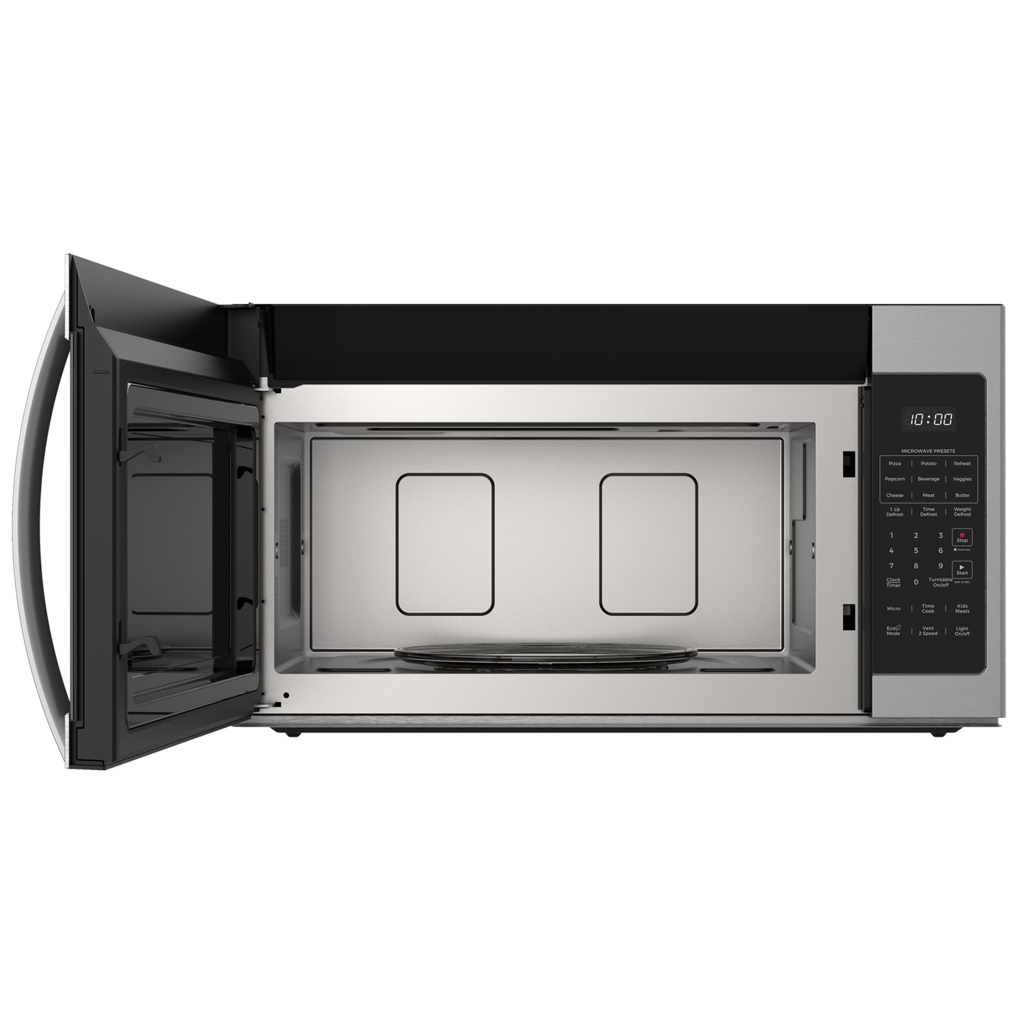 Kenmore over-the-range microwave, open, on a white background.