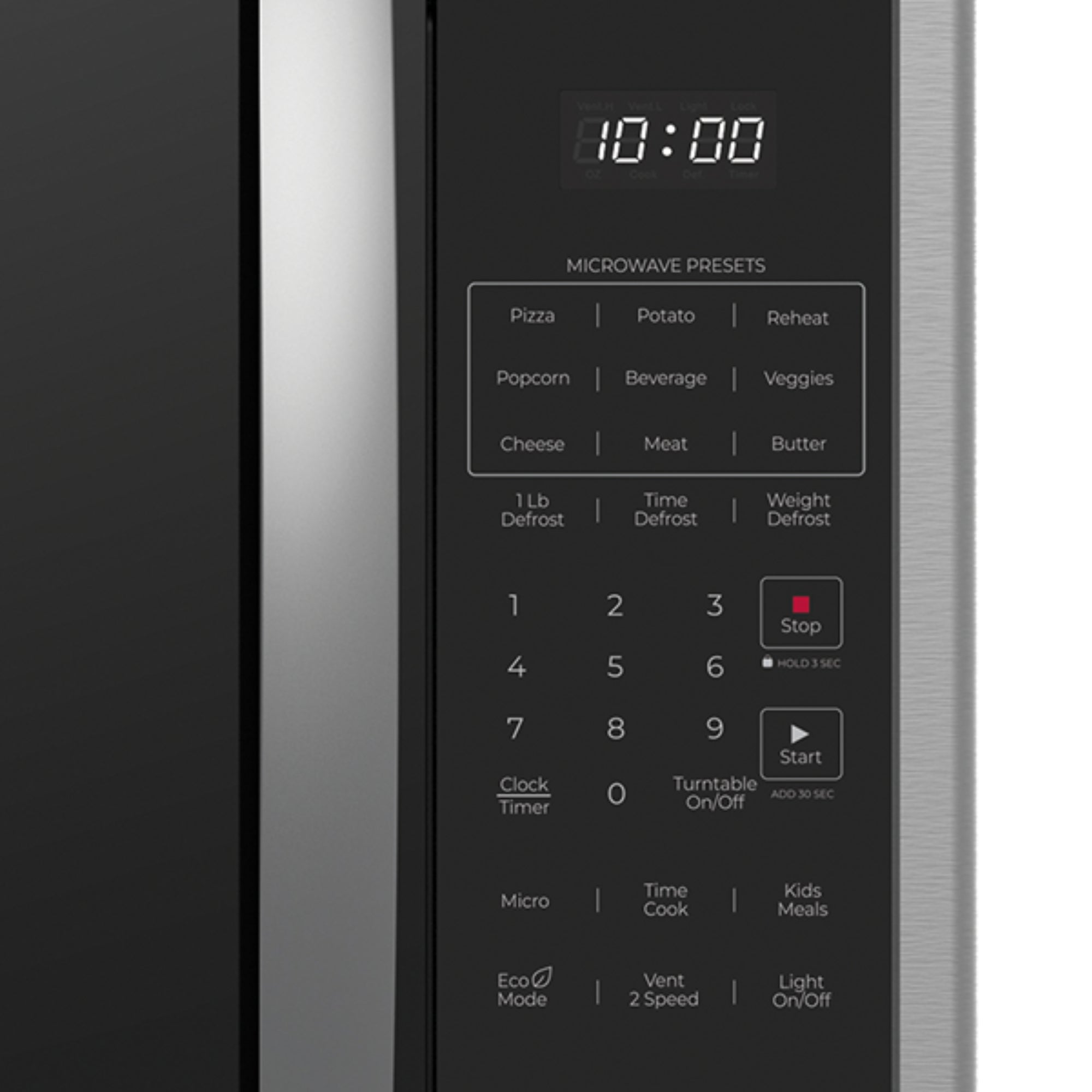 Closeup of the control panel on the Kenmore over-the-range microwave.